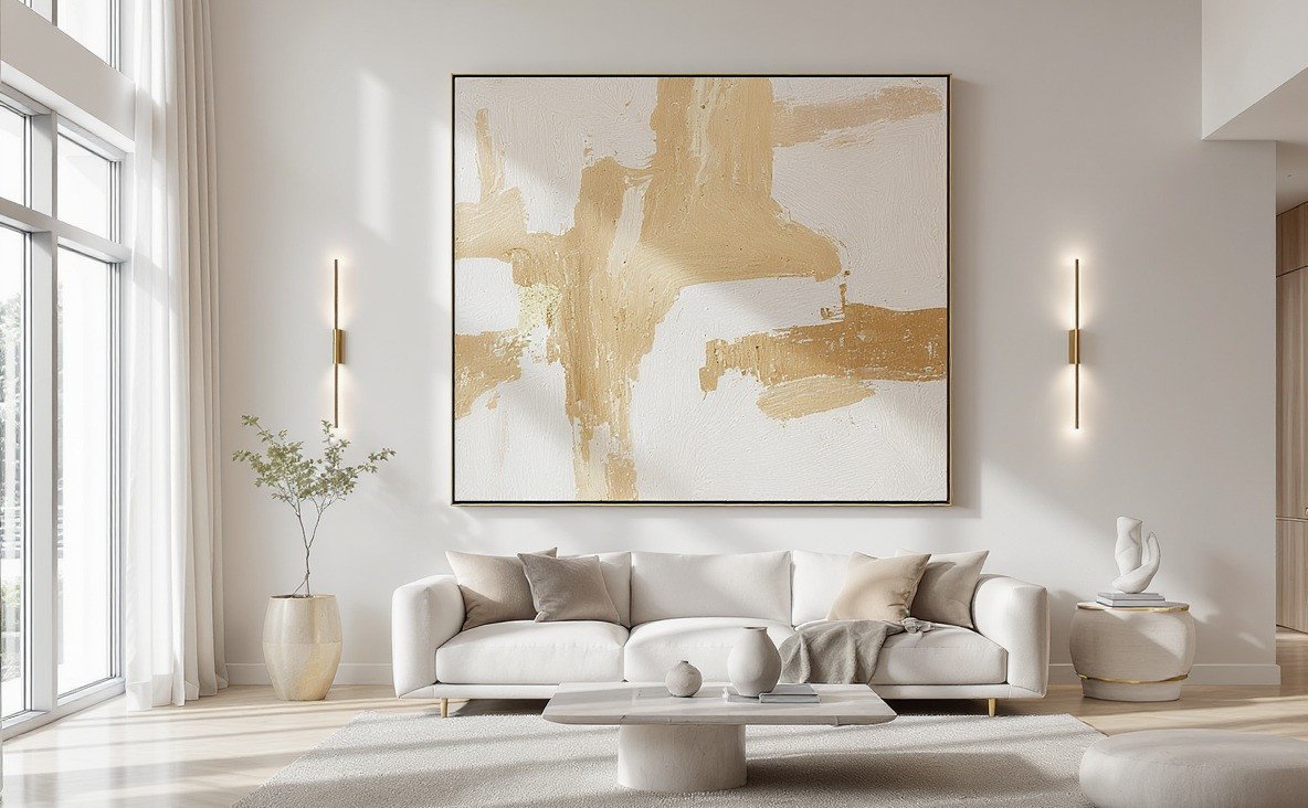 Oversized colorful abstract canvas on a white living room wall