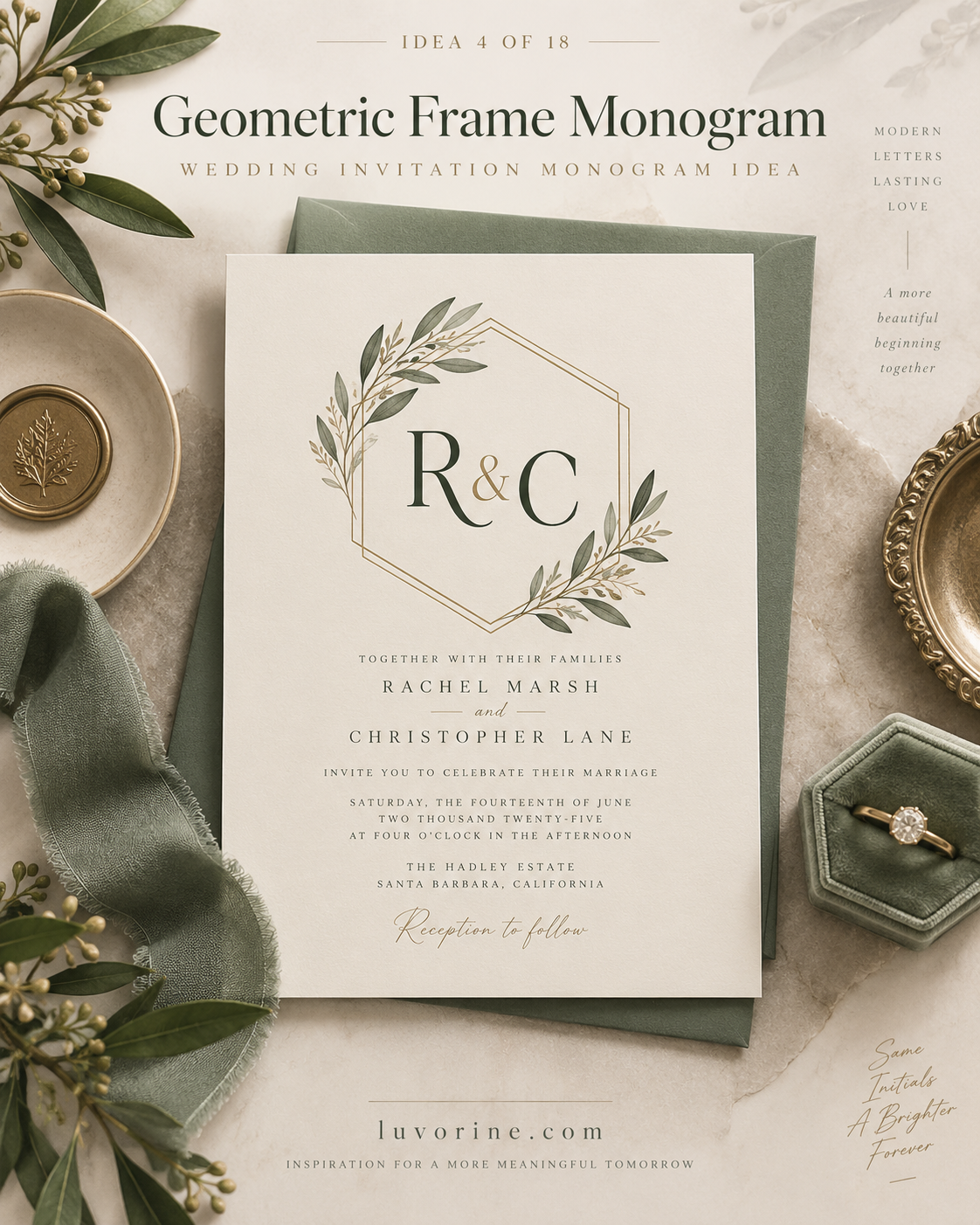 Floral wreath wedding monogram card