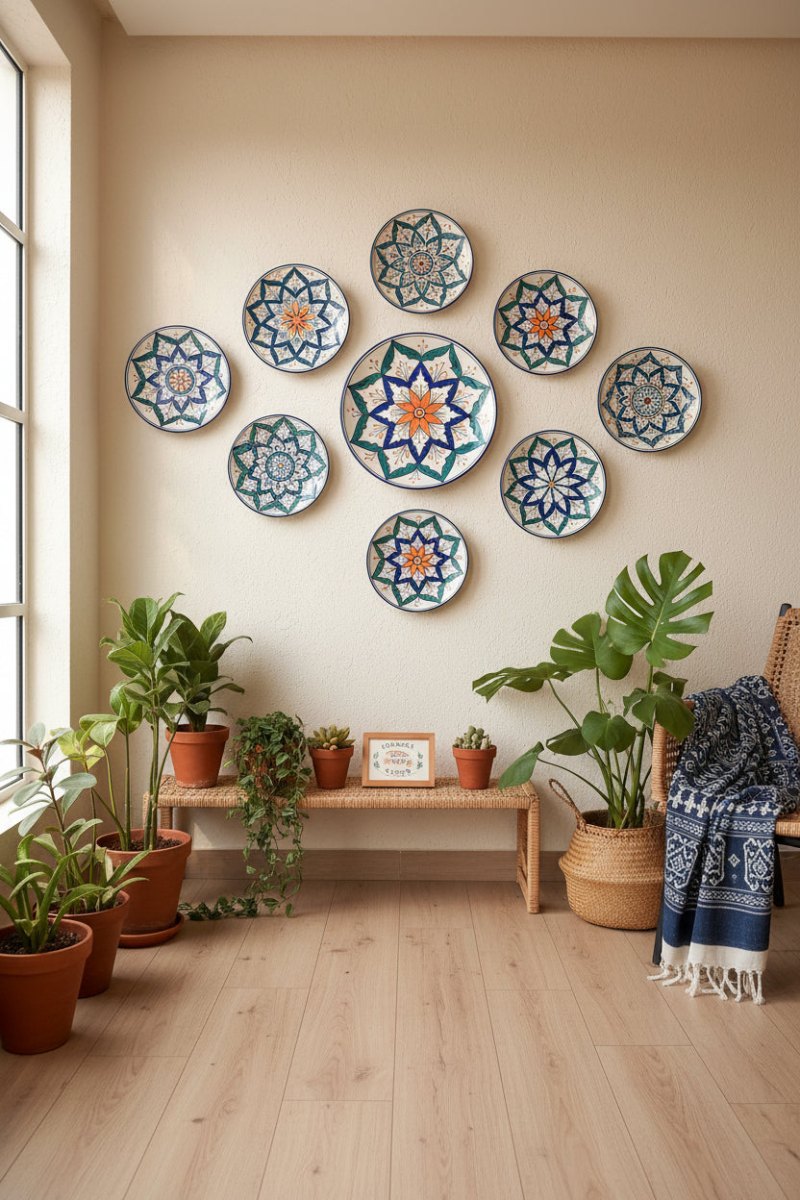 Colorful hand-painted ceramic wall plate on a white wall
