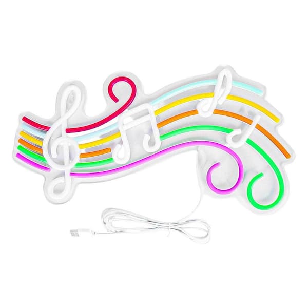 Colorful LED neon music sign illuminating a white wall