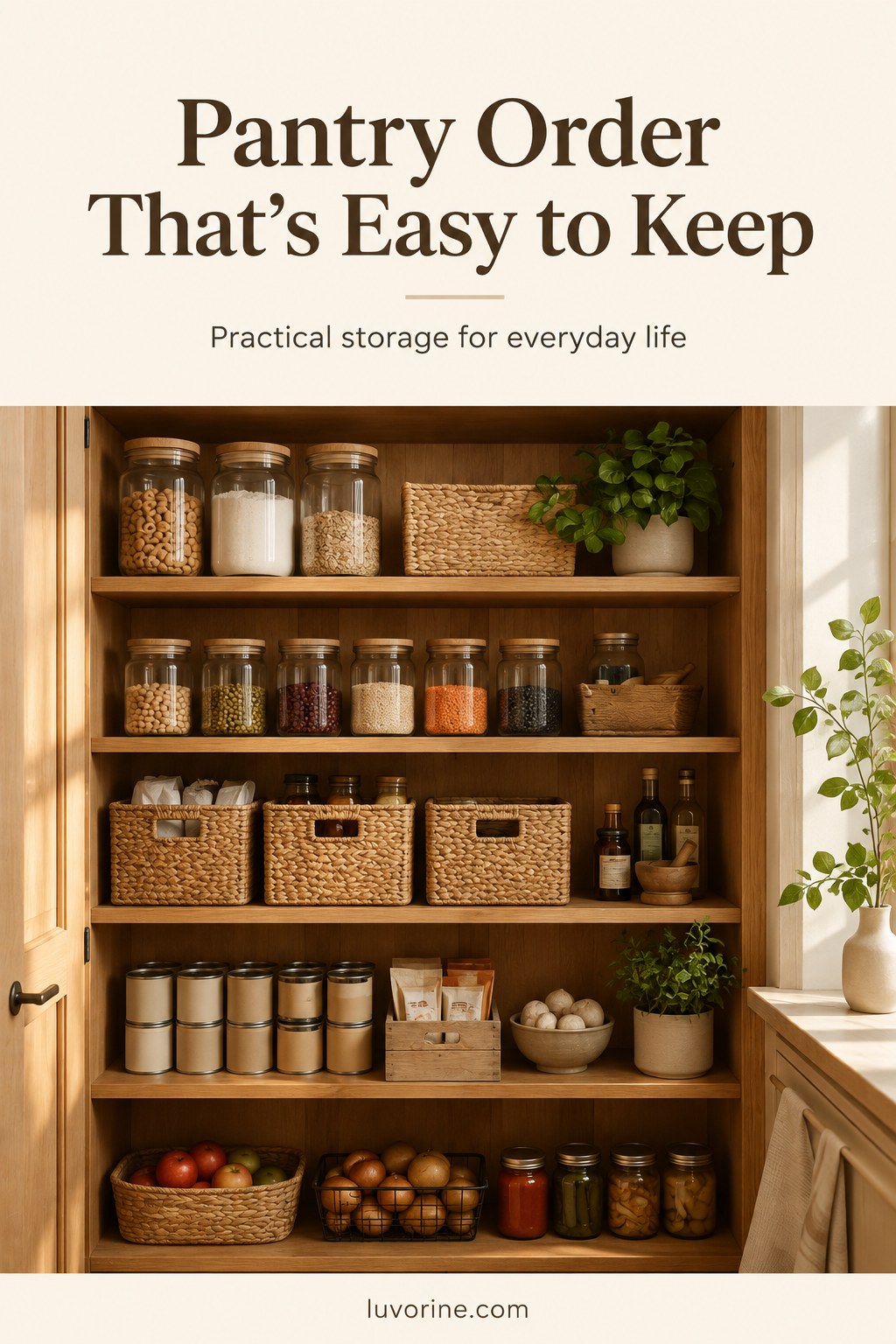 Warm wooden pantry shelves with jars, baskets and fresh produce styled for easy-to-maintain pantry order