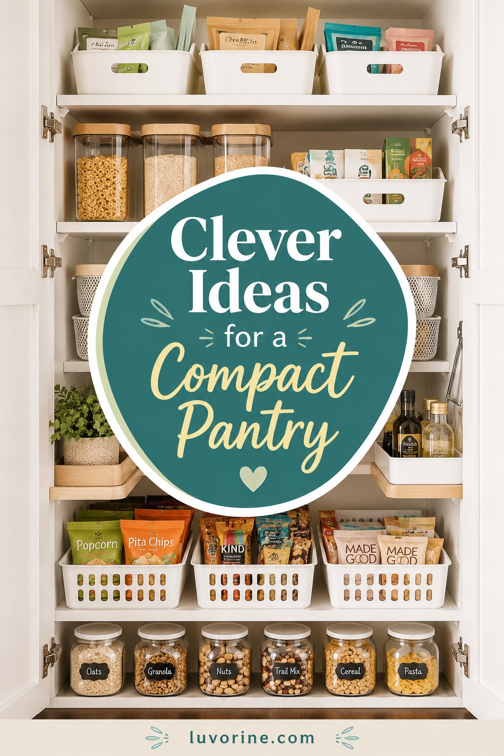 Compact pantry with clear labeled bins and jars, a core example of practical ADHD pantry organizing tips