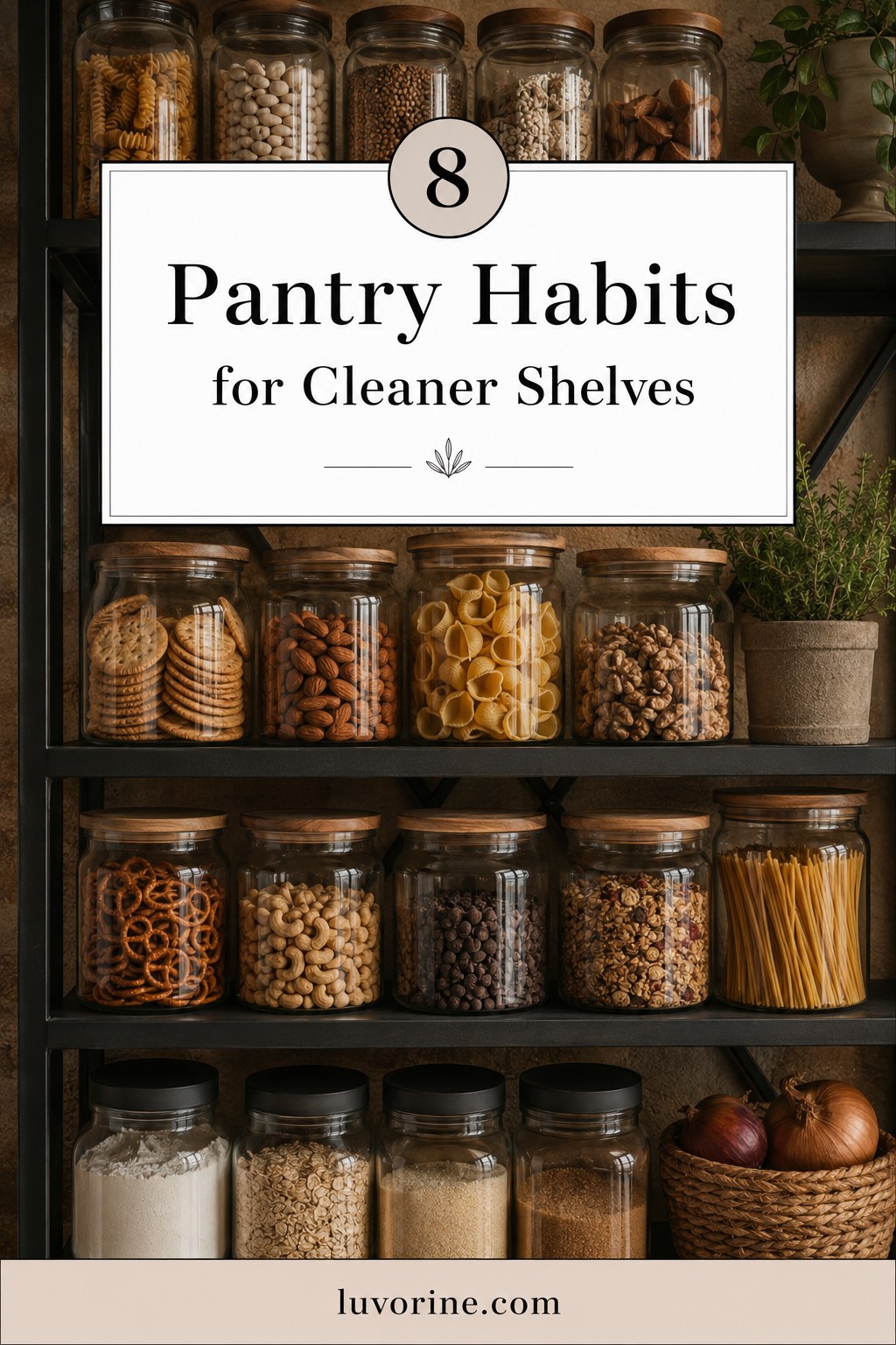 Glass jars of pasta, grains and snacks on wood shelving representing daily habits for cleaner pantry shelves
