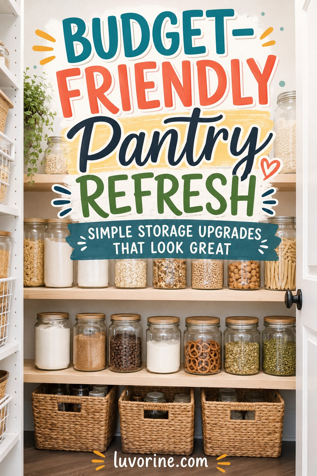 Budget-friendly glass jar pantry refresh with woven baskets showing affordable ADHD pantry organizing tips