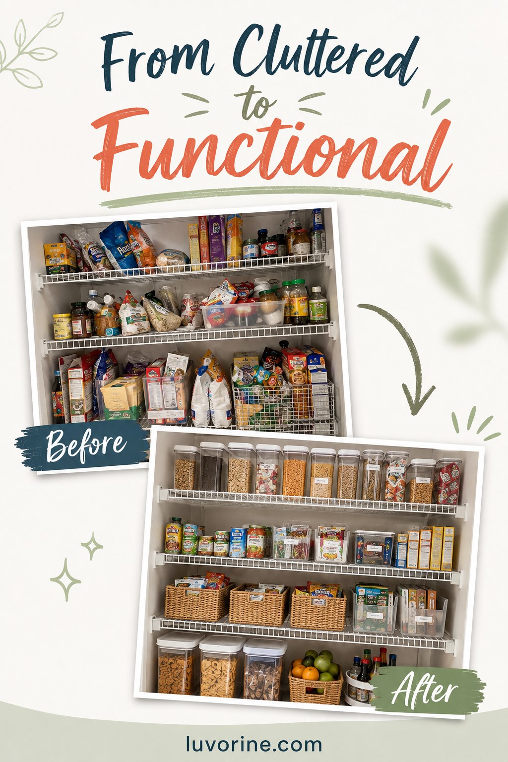 Before and after wire shelving pantry transformation from cluttered bags to functional organized bins