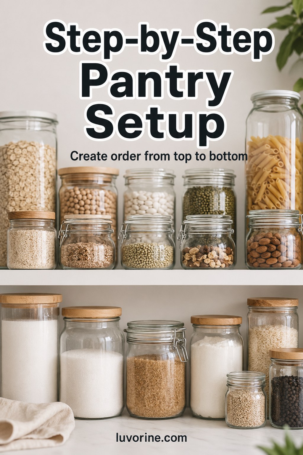 Rows of glass jars filled with grains and legumes arranged top to bottom for a step-by-step pantry setup