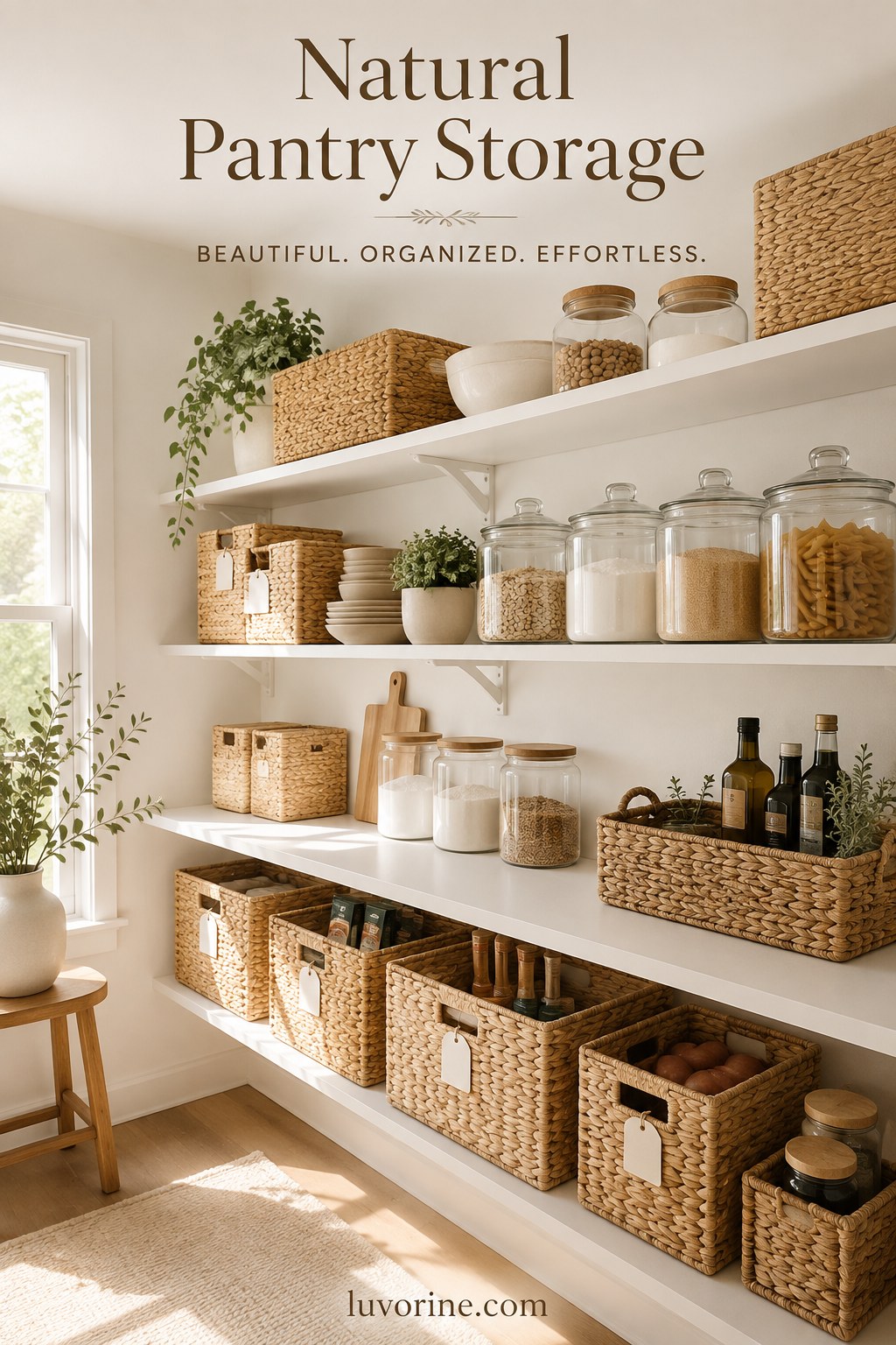 Open shelving with natural woven baskets and jars, styled for beautiful yet low-visibility pantry storage