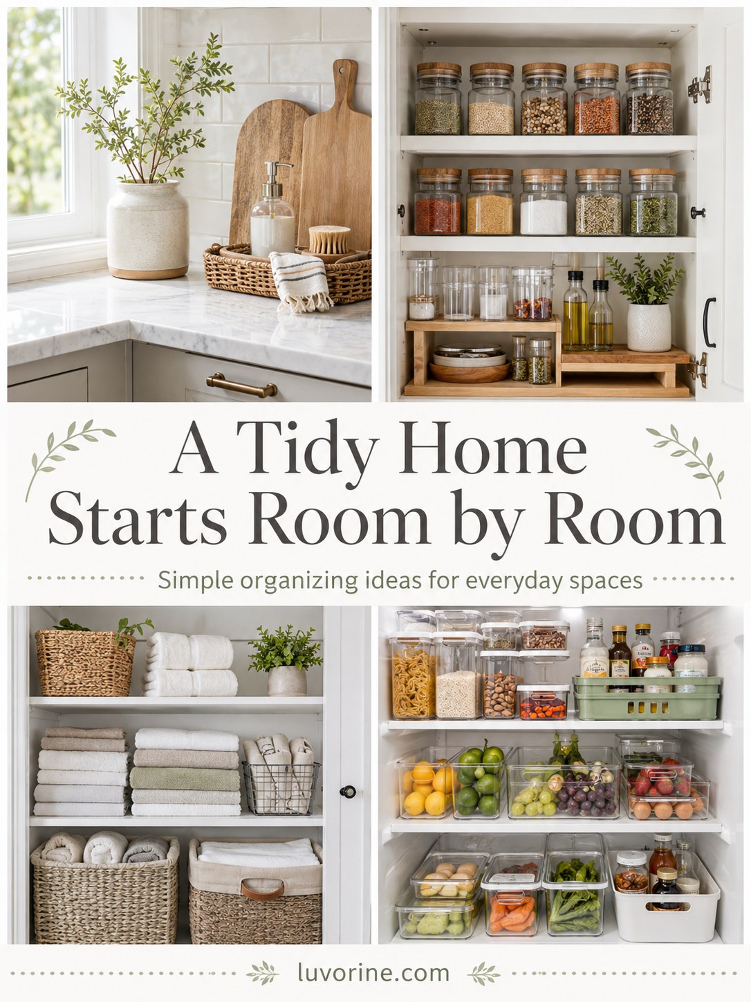Collage of tidy home spaces showing room-by-room organizing that supports ADHD pantry organizing tips