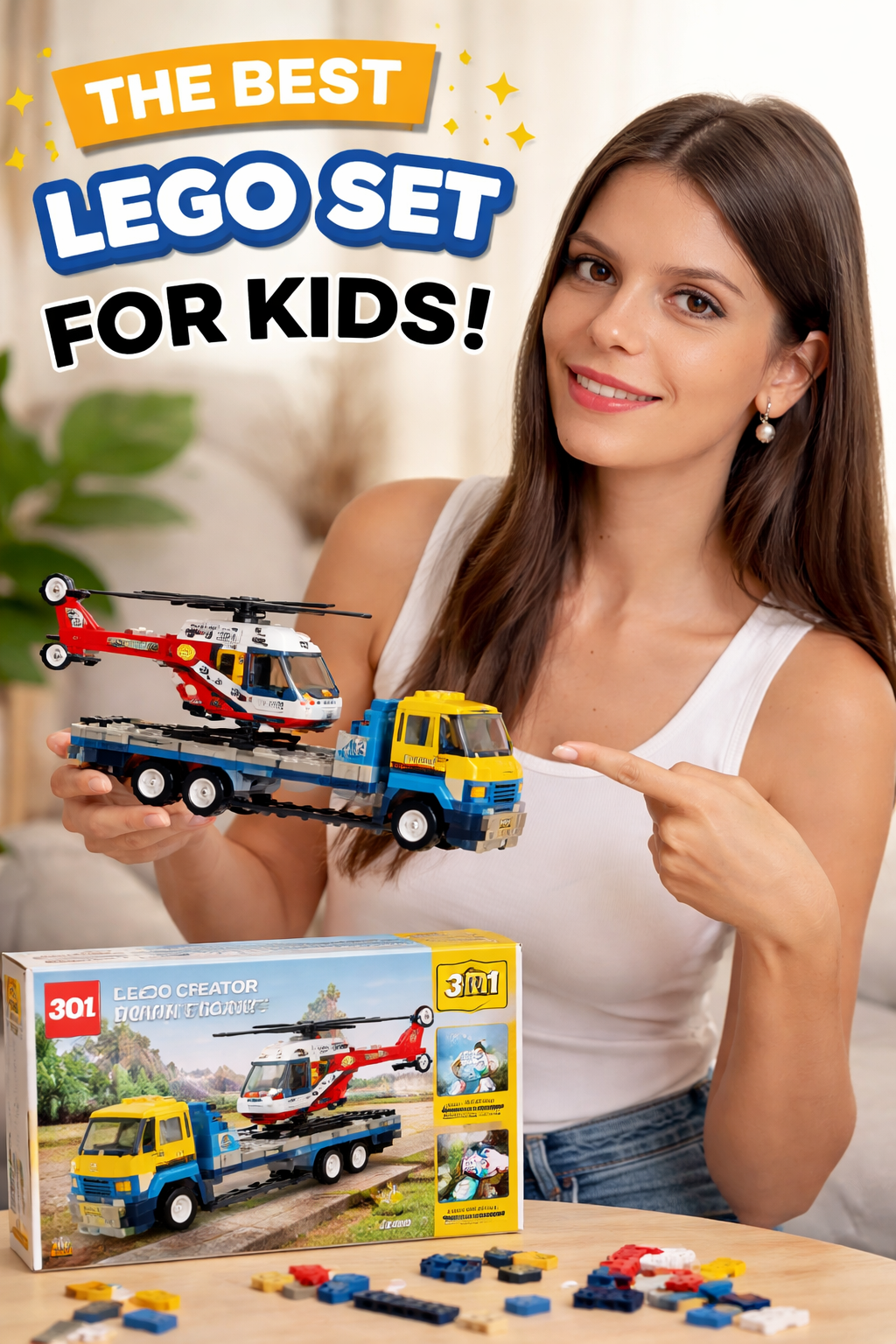 6. LEGO Creator 3 in 1 Flatbed Truck with Helicopter: Action Ages Gift