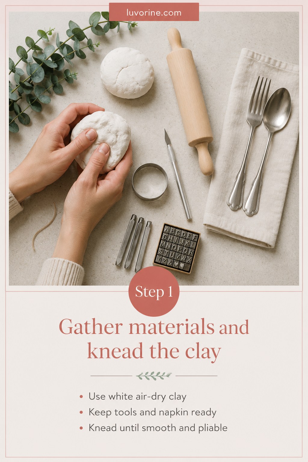 Kneading white air dry clay by hand before rolling it for these DIY napkin rings