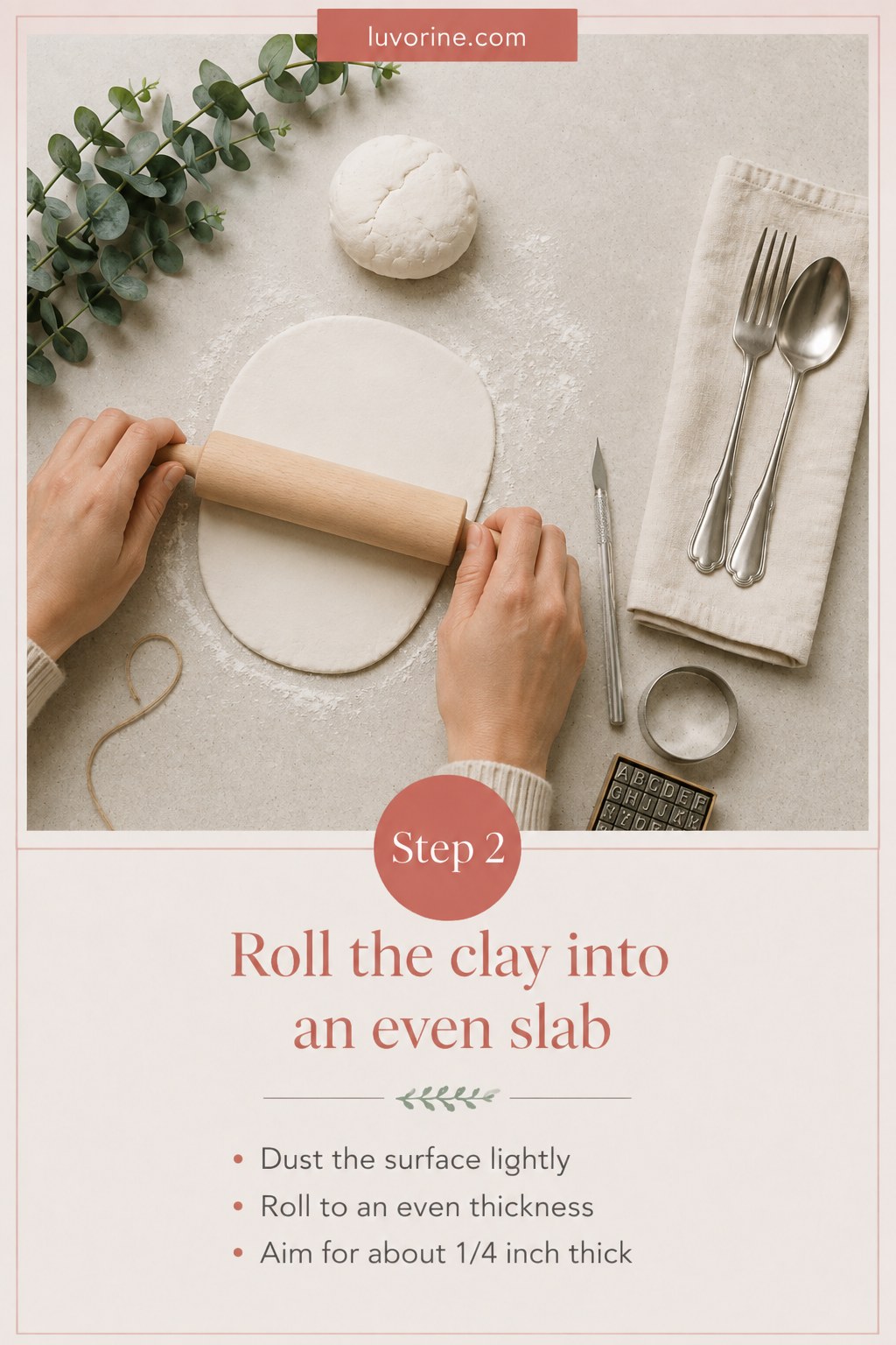 Rolling air dry clay into an even quarter inch slab for napkin ring tags
