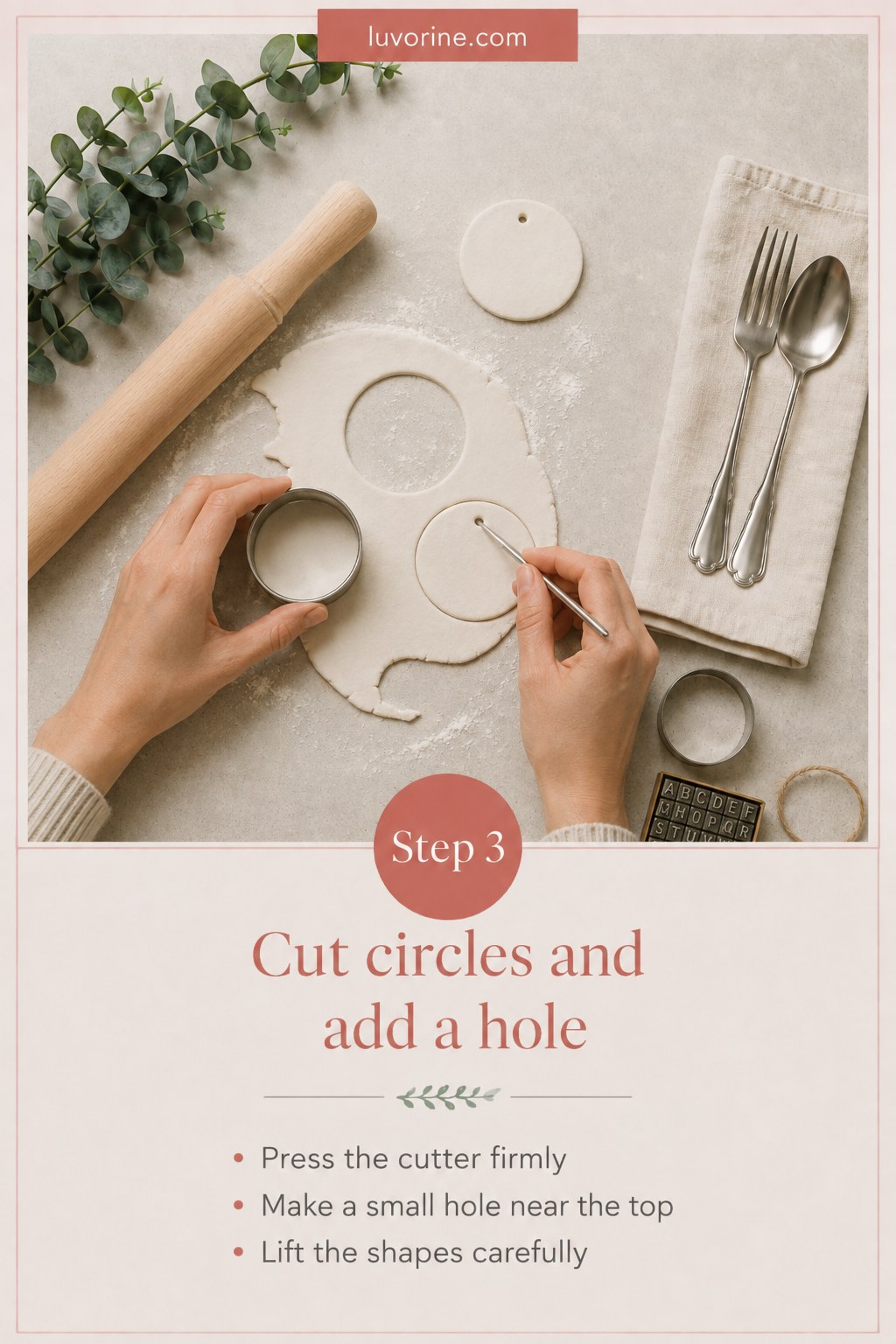 Cutting circles from rolled clay and piercing a hanging hole for napkin ring tags