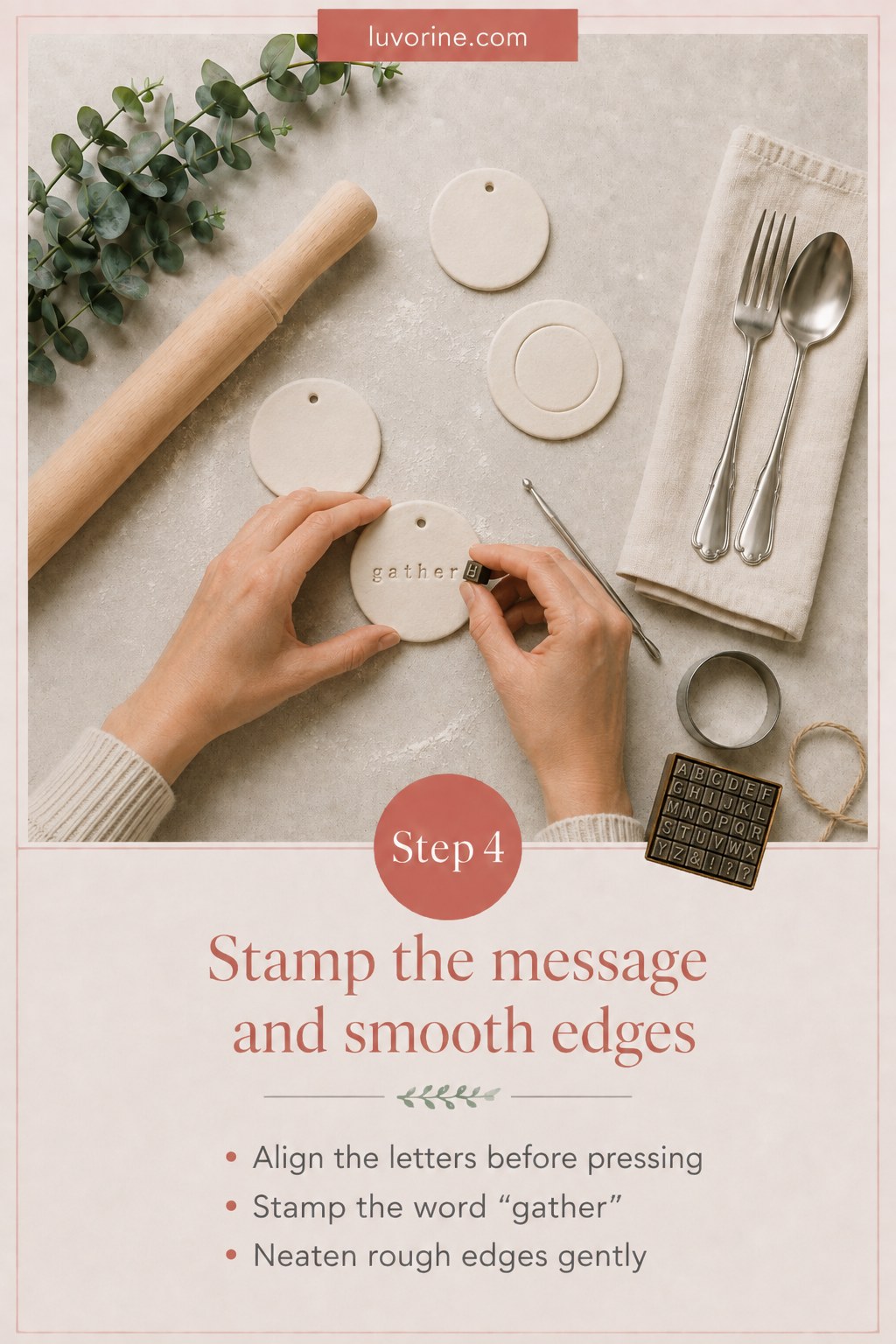 Stamping the word gather into a clay disc while making air dry clay napkin rings