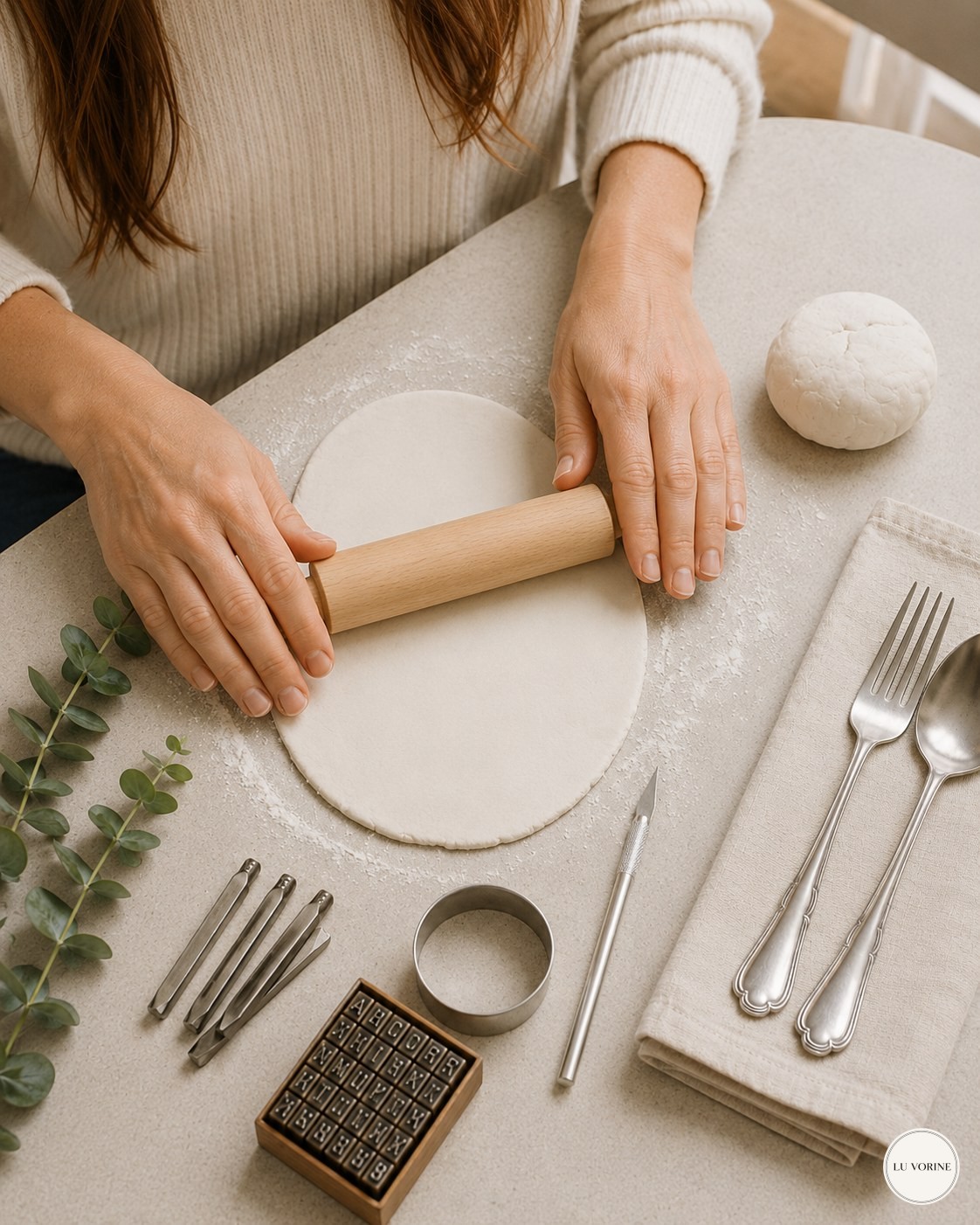 Rolling out air dry clay into a slab at a real kitchen table for napkin rings