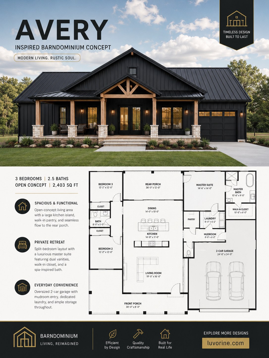 Avery barndominium house plan blueprint showing 3-bedroom open-concept layout and floor plan