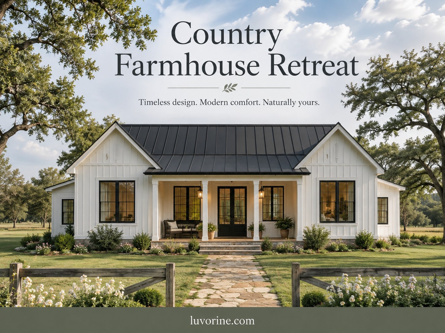 Country Farmhouse Retreat barndominium house plan with symmetrical white facade and black windows