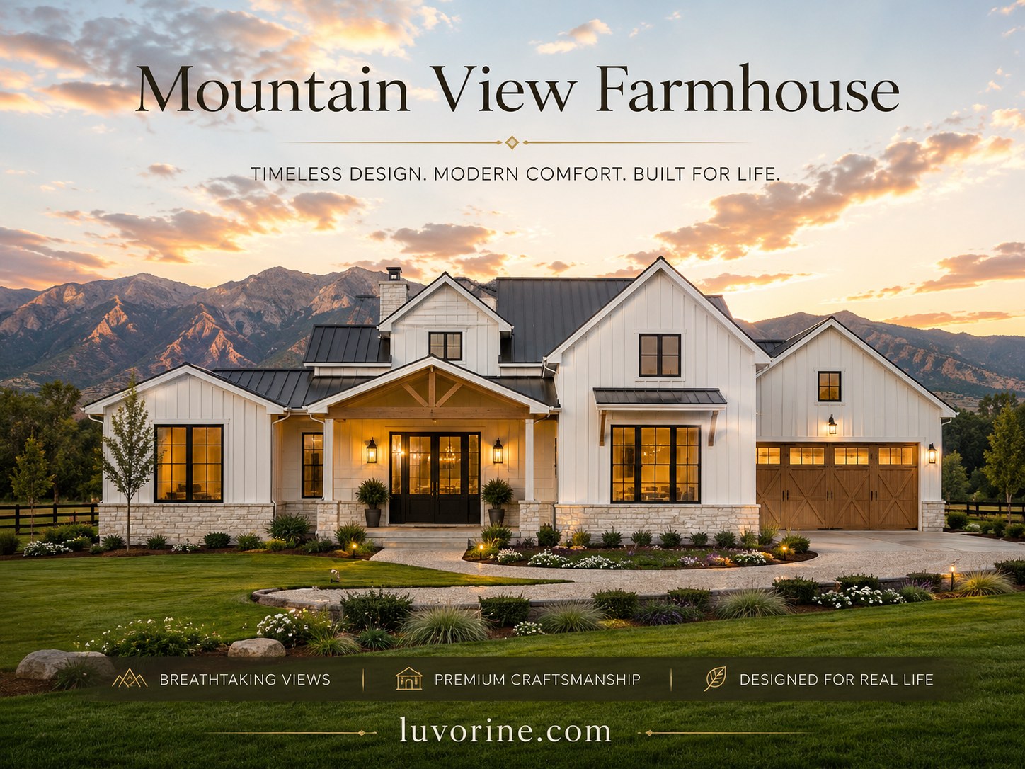 Mountain View Farmhouse barndominium house plan with board-and-batten siding facing hills