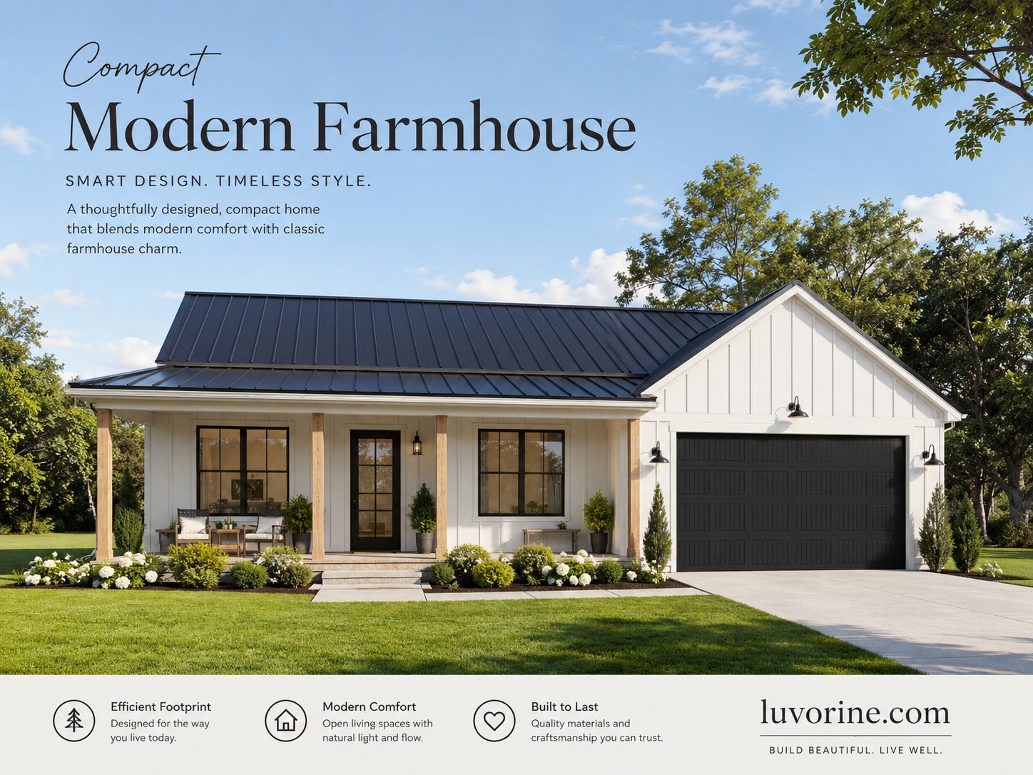 Compact Modern Farmhouse barndominium house plan with efficient footprint and covered porch