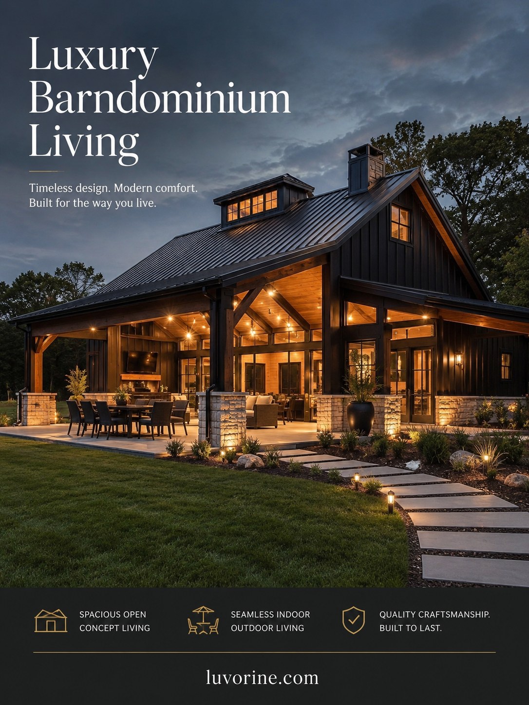 Luxury barndominium house plan with covered outdoor living room and timber posts