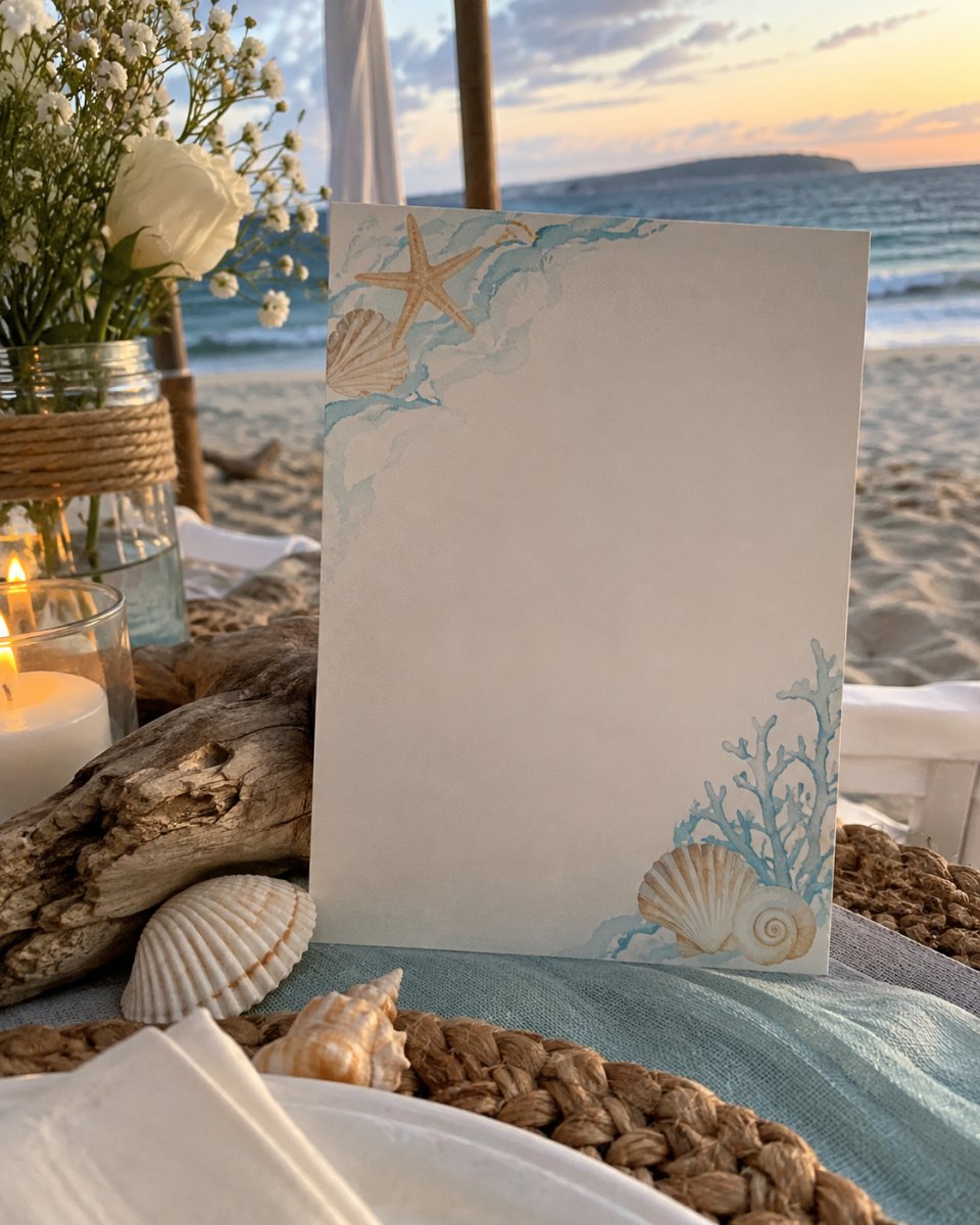 Beach theme wedding menu card