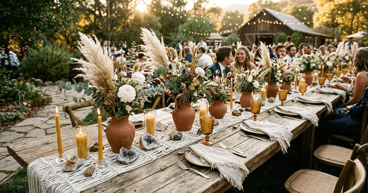 Bohemian garden wedding table with natural textures