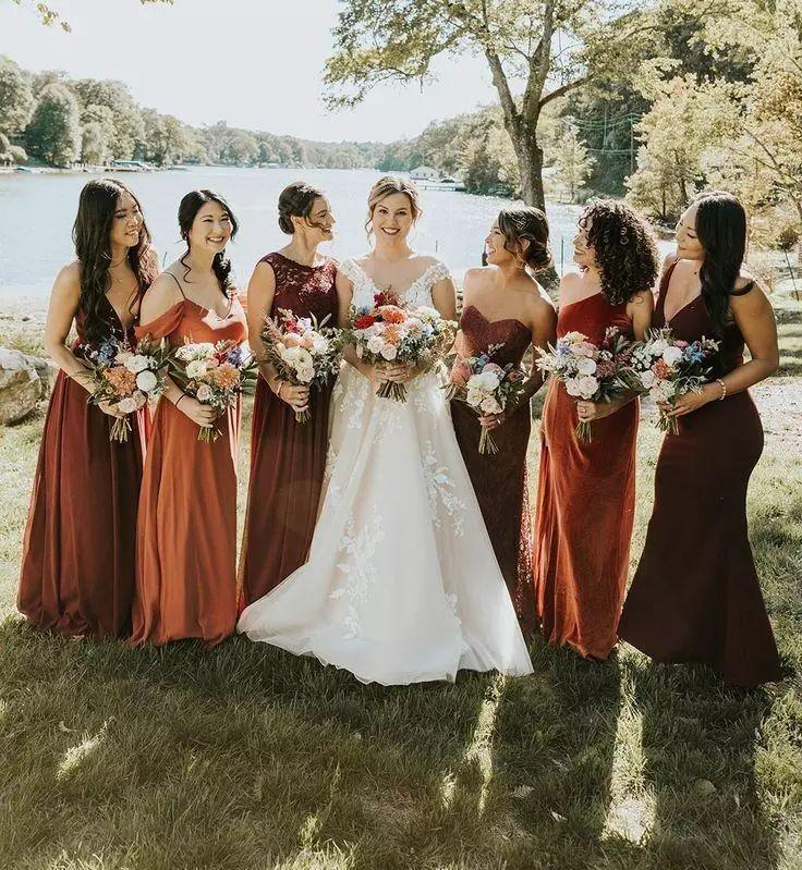 Burnt orange burgundy bridesmaid dresses