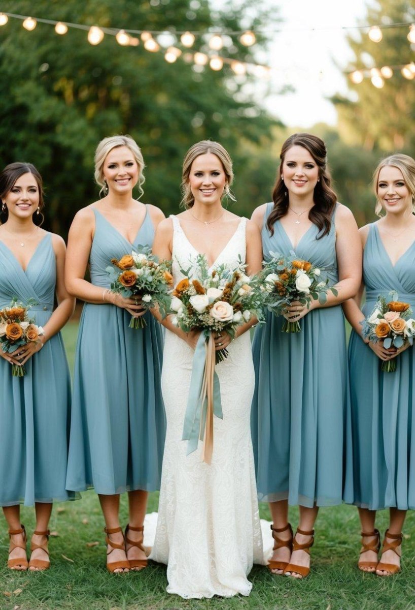 Burnt orange dusty blue bridesmaid dresses