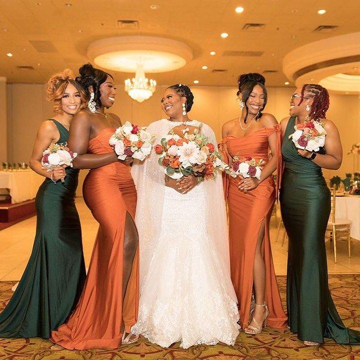 Burnt orange emerald green bridesmaid dresses