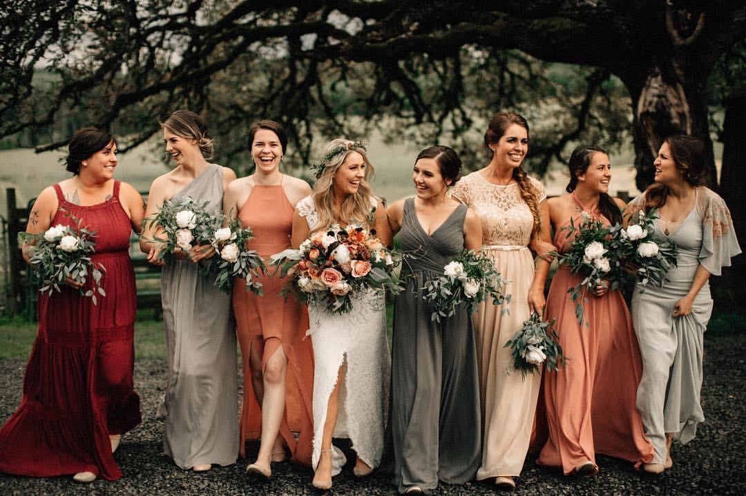 Burnt orange silver bridesmaid dresses