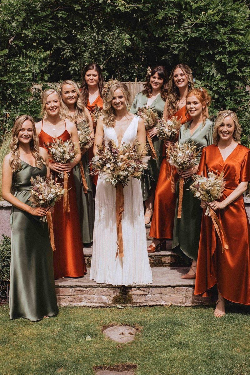 Burnt orange olive green bridesmaid dresses