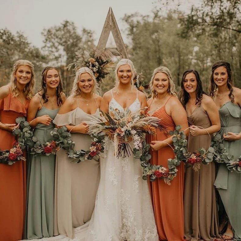 Burnt orange sage green bridesmaid dresses