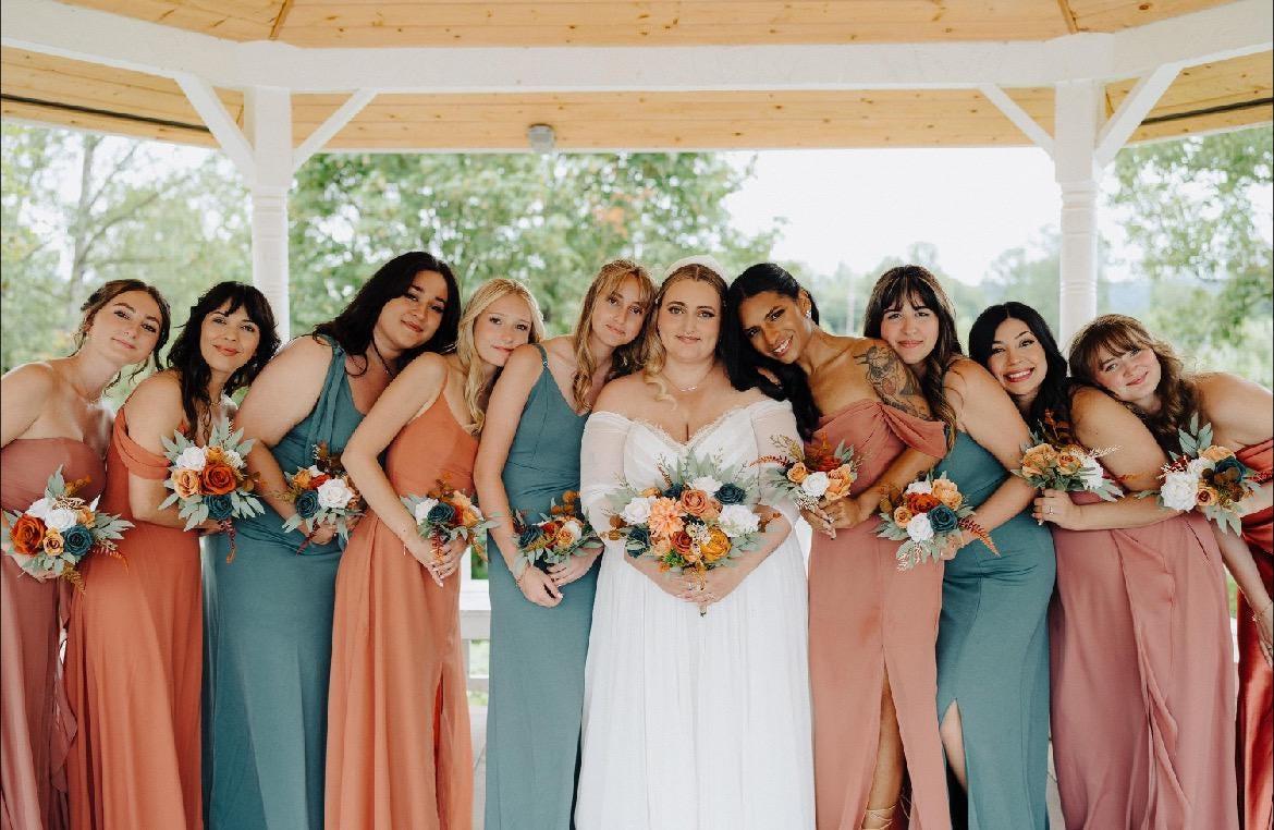 Burnt orange teal bridesmaid dresses