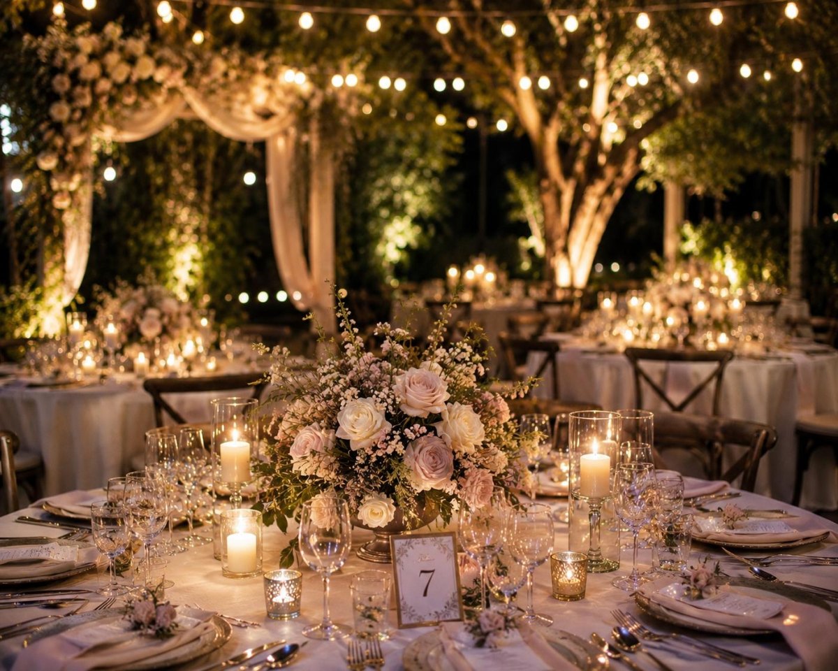 Candlelit evening garden wedding table setting