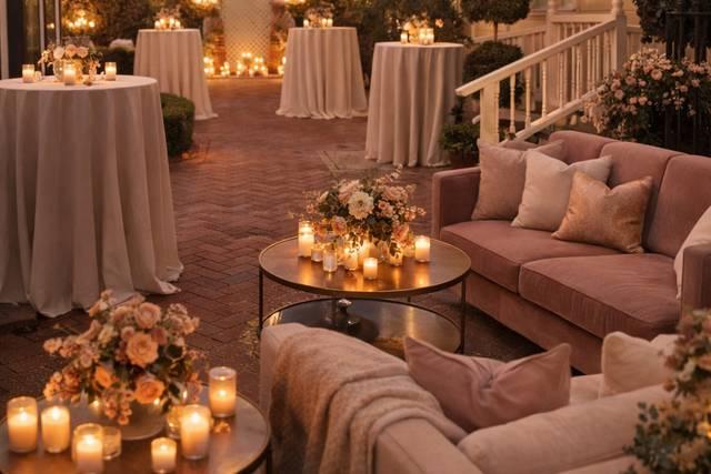 Candlelit lounge area for wedding guests