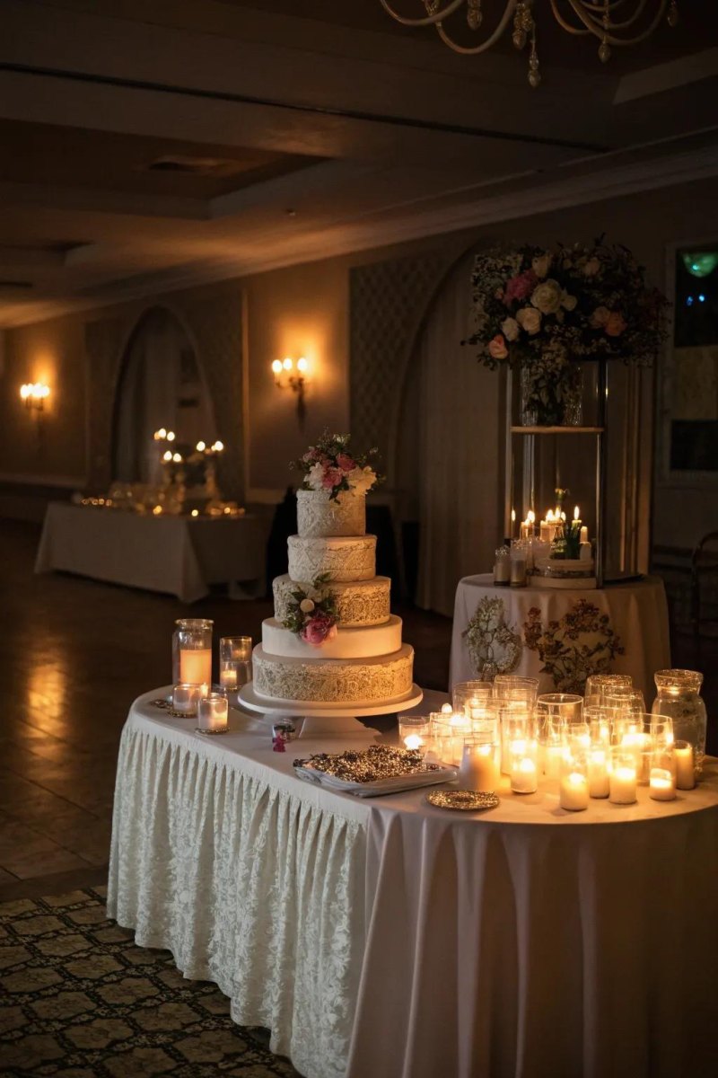 Wedding cake display with candles