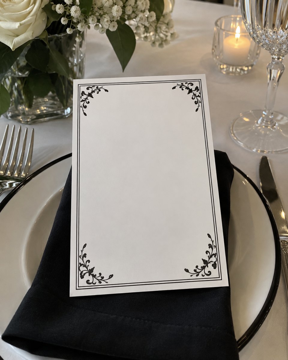 Classic black and white wedding menu card