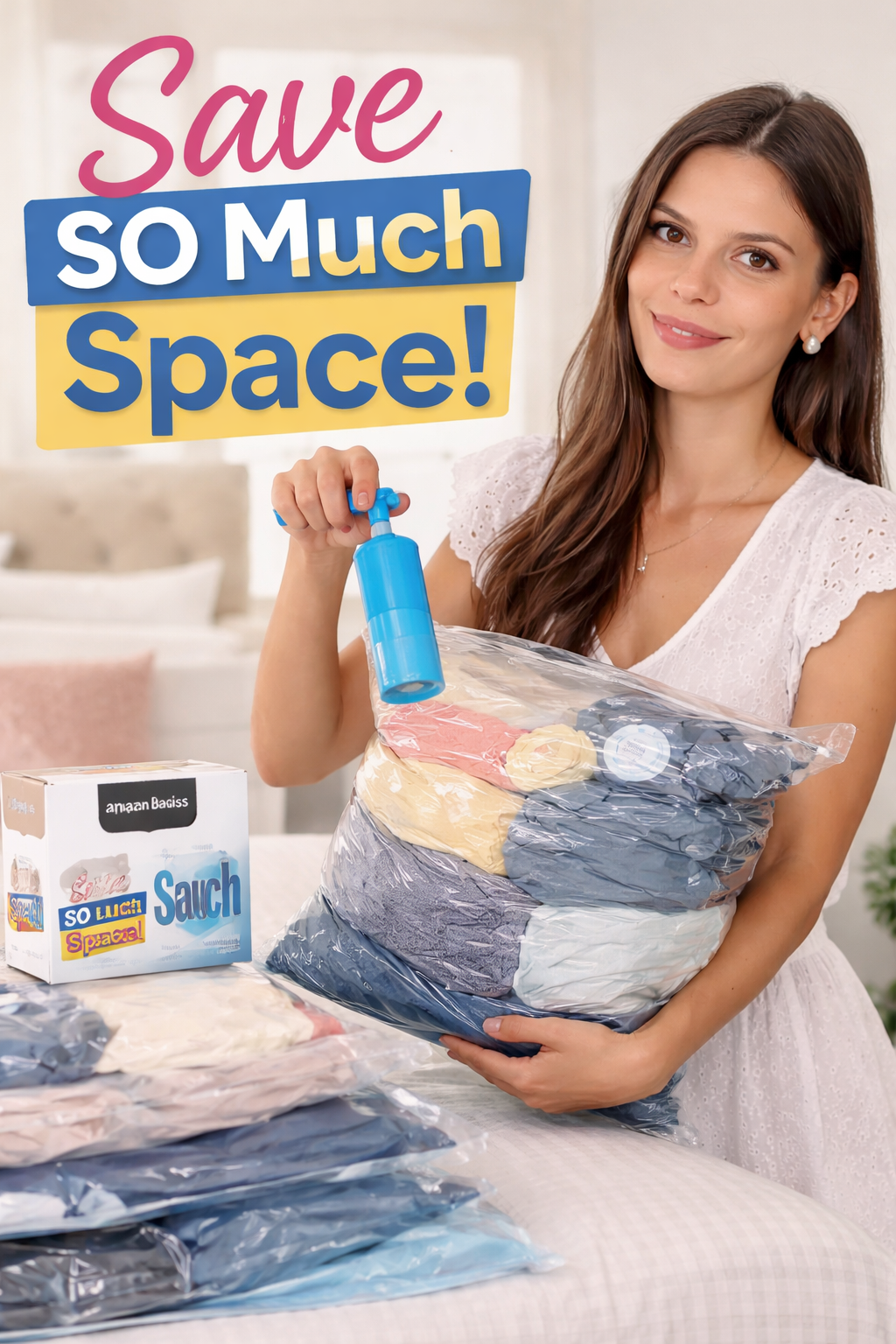 6. Amazon Basics Vacuum Storage Bags for Clothes, Space Saving Compression Storage Bags with Hand Pump, Heavy Duty, Stackable, J