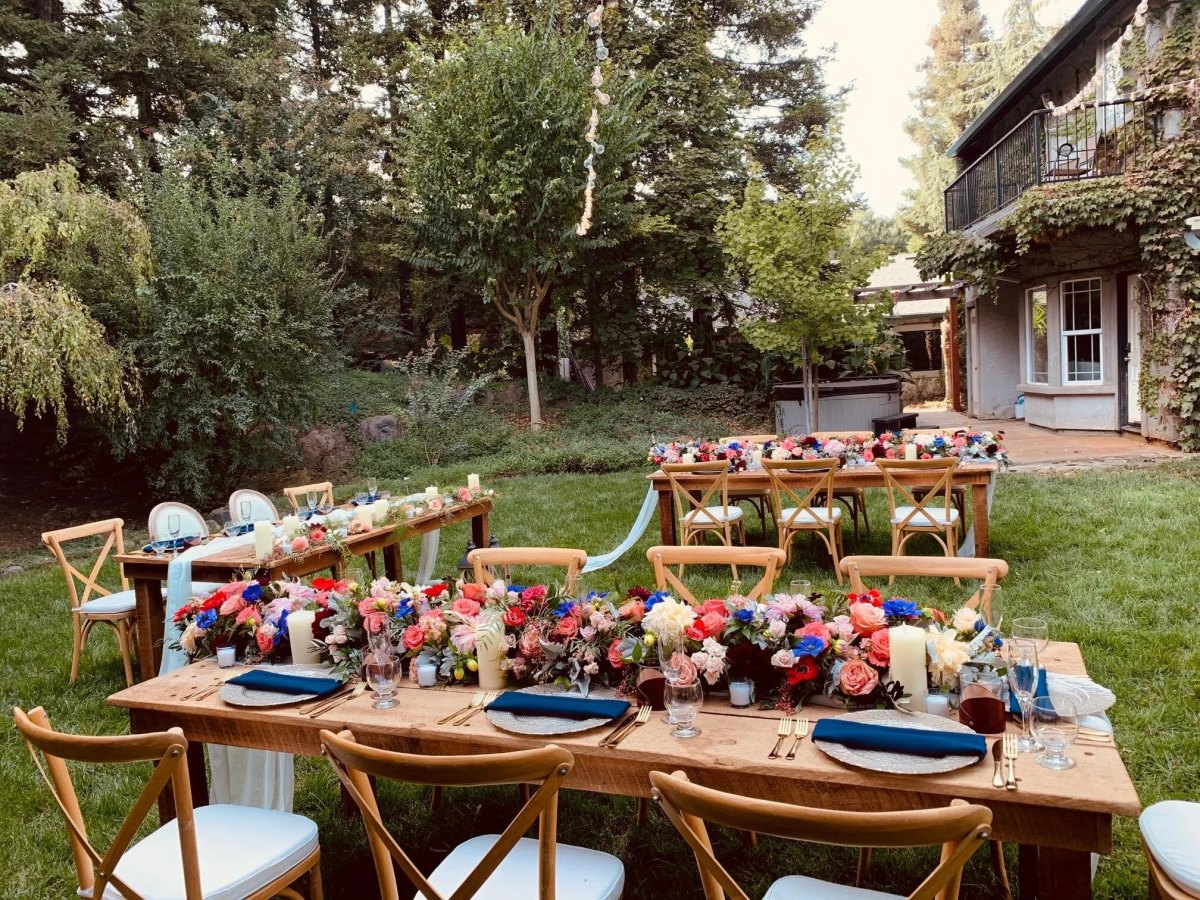 Colorful garden wedding table flowers