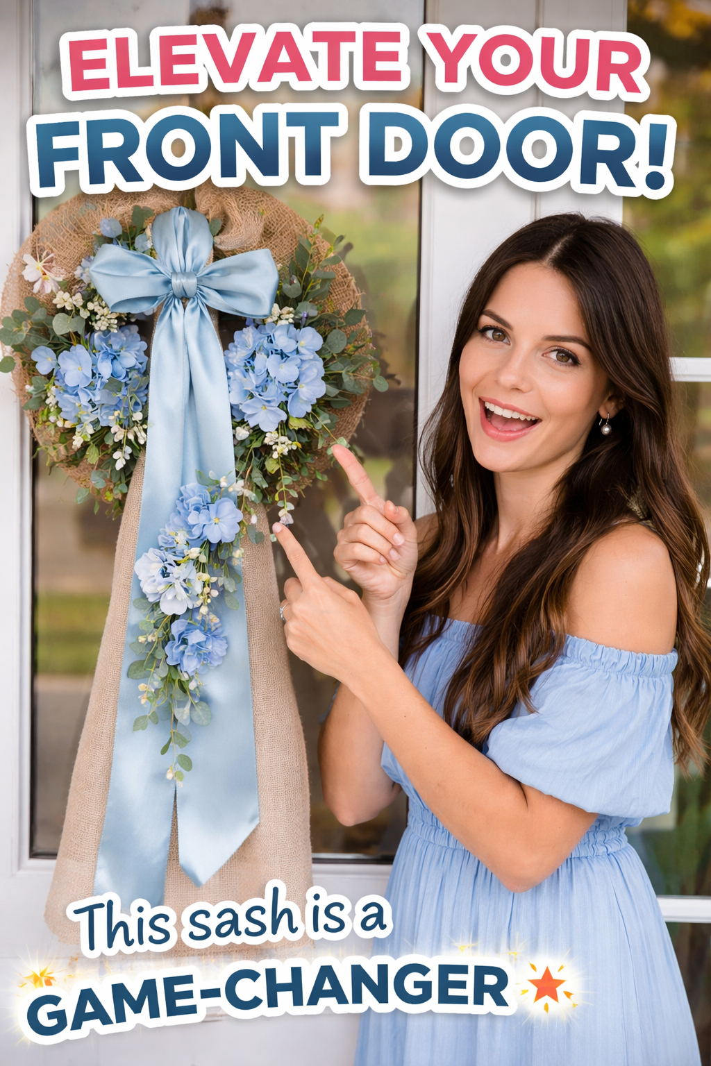 10. Ftuuo Decorative Wreath Storage Styling with Blue Floral Satin-Burlap Sash