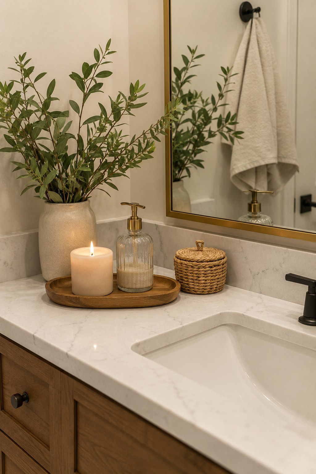 Styled bathroom counter tray showing a simple dollar store bathroom organization vignette