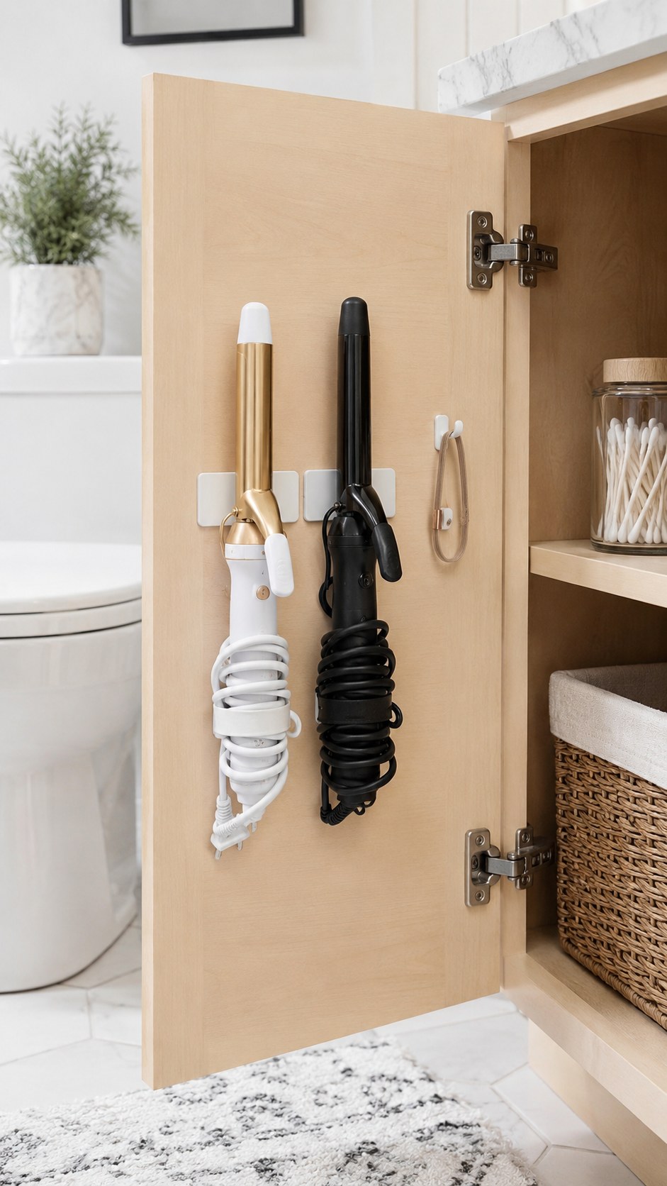 Adhesive hooks inside a cabinet door holding a curling iron and straightener for bathroom organization