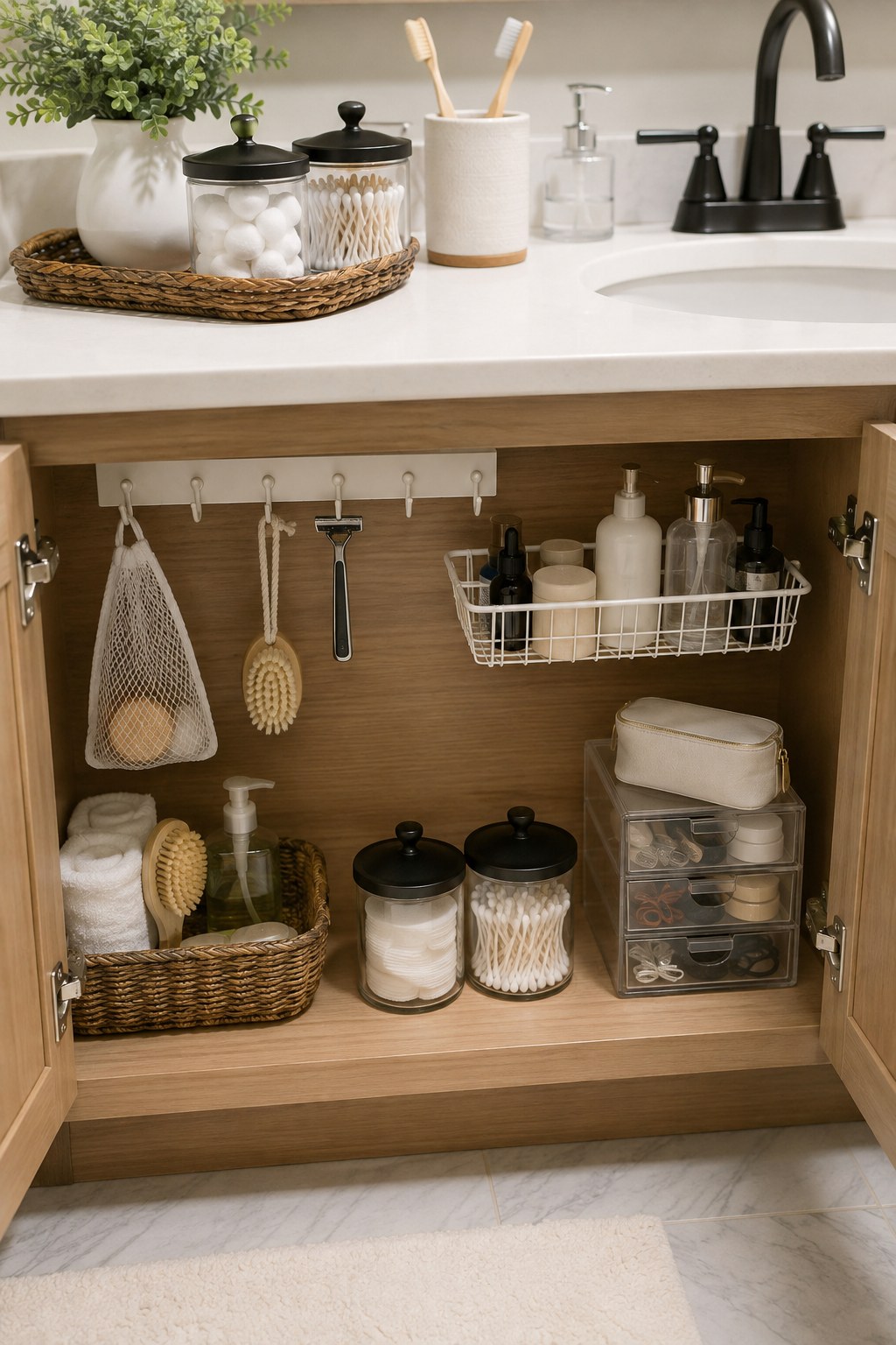 Under-sink cabinet fitted with dollar store baskets, jars and drawers for full bathroom organization