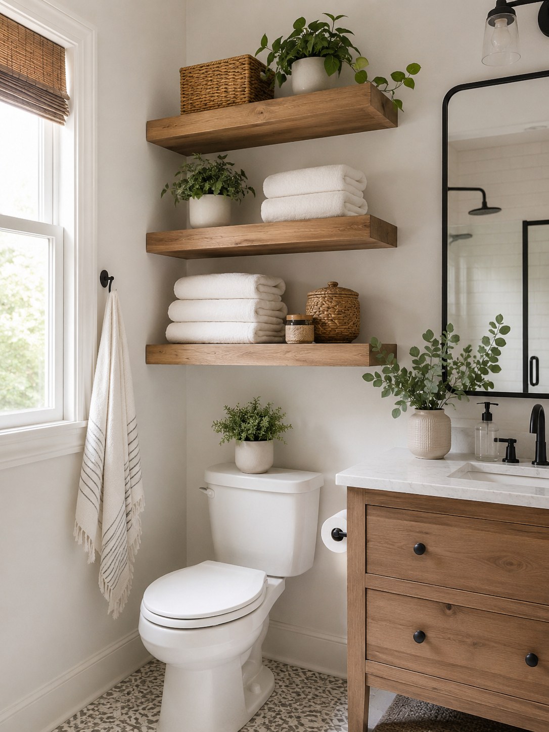 Floating wood shelves above a toilet styled with dollar store baskets as part of bathroom organization