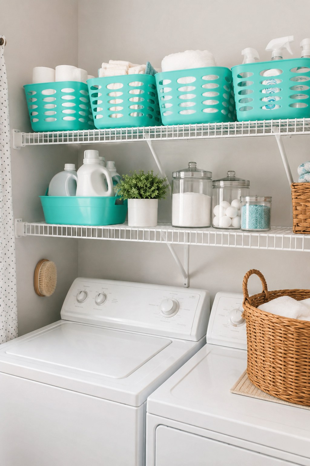 Wire shelving with colorful dollar store bins organizing a laundry-adjacent bathroom closet