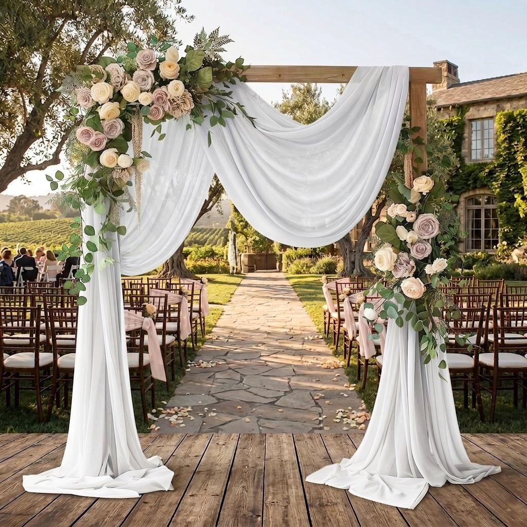 Elegant fabric draped wedding arch ceremony