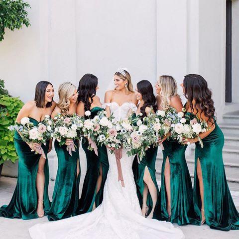 Emerald green velvet bridesmaid dresses