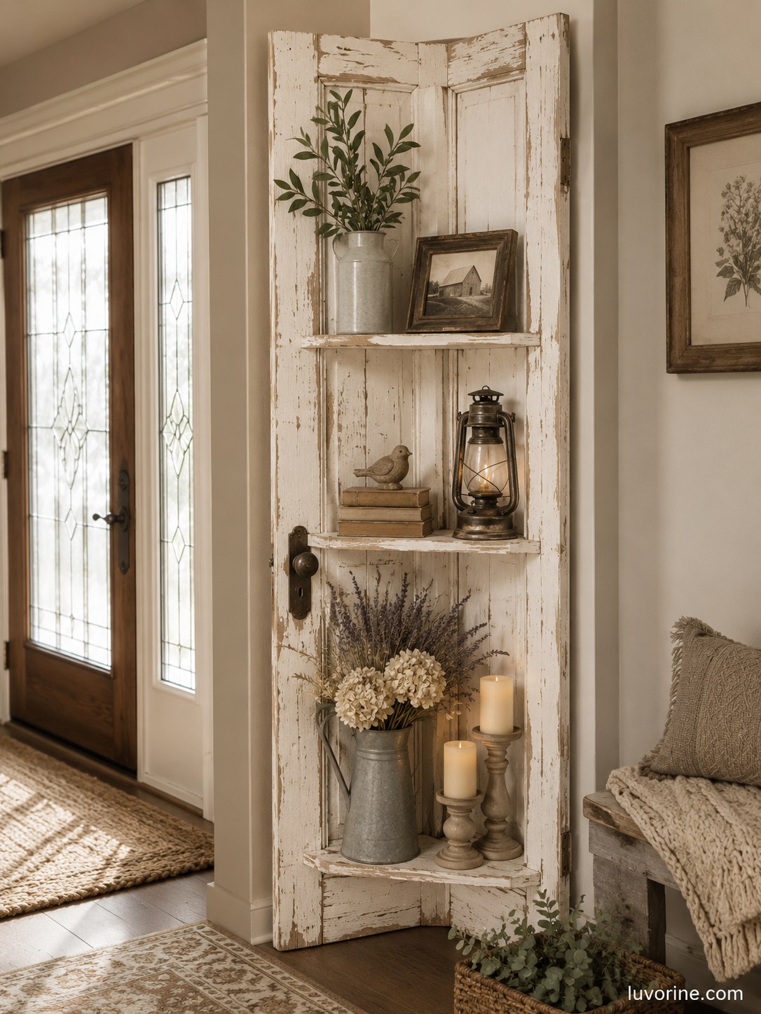 Farmhouse bedroom decor idea repurposing a chippy vintage door into corner display shelving