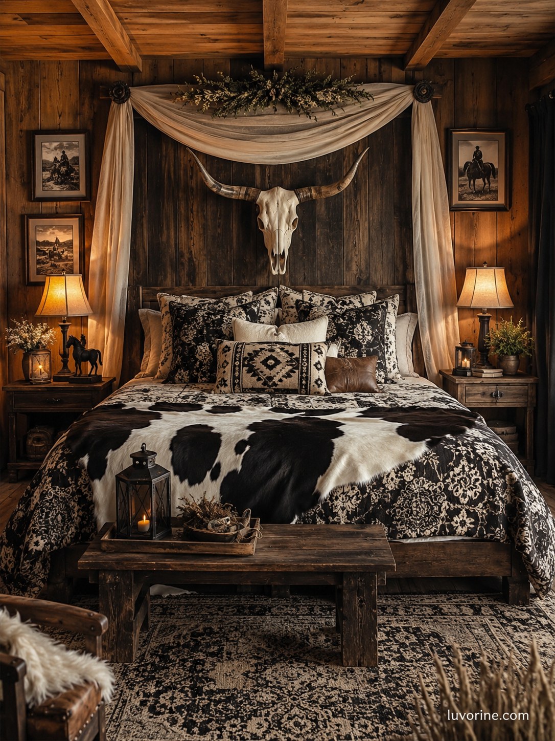 Western farmhouse bedroom decor idea with cowhide bedding and a longhorn skull over the bed