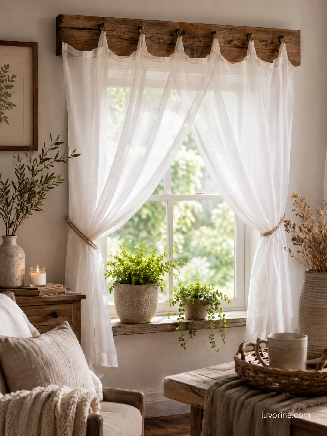 Farmhouse bedroom decor idea using a reclaimed wood board as a curtain header over sheer linen panels