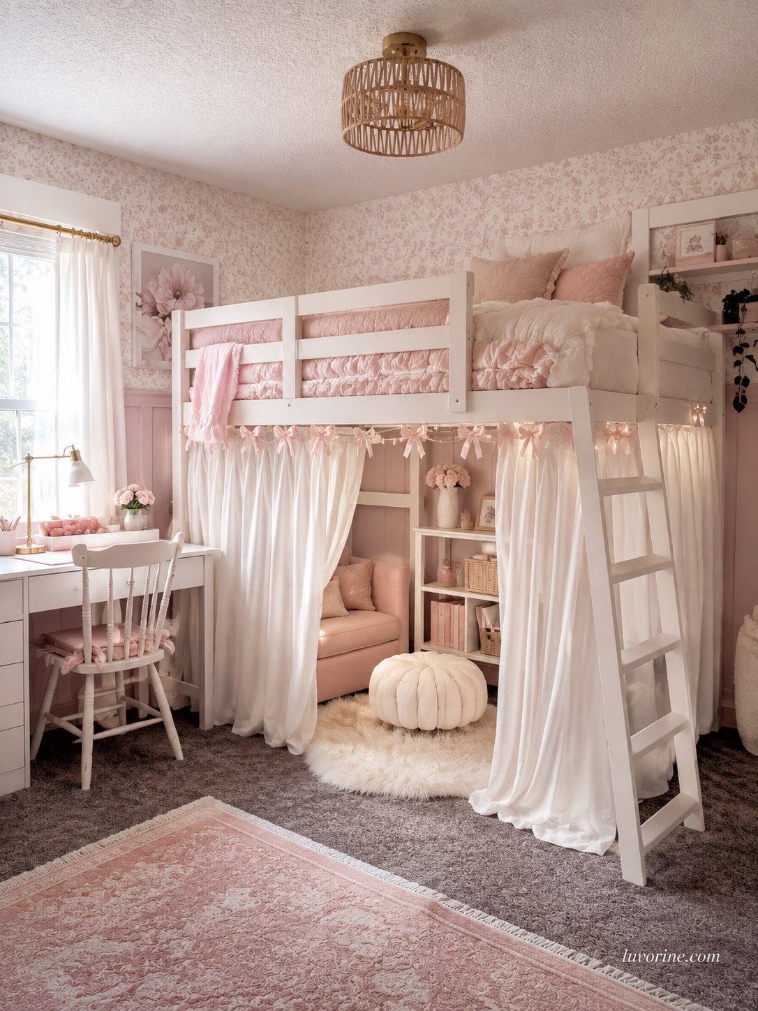 Farmhouse bedroom decor idea with a pink loft bed and curtained reading nook for a girl's room